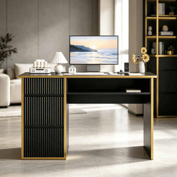 DreamCurship Computer Desk with 4 Storage Drawers, Home Office Desk with Storage, Writing Desk for Study, Modern Writing Table, Black and Gold Desk