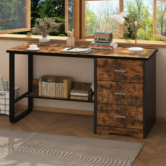 DreamCurship Computer Desk with  Drawers, Home Office Desk with Shelves, Study Writing Desk for Home Office Study, Black