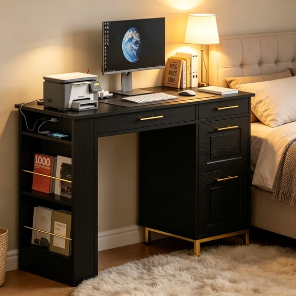 DreamCurship Computer Desk with 4 Drawers and Power Outlets, 47 inch Home Office Desk with Storage, Makeup Vanity Desk Dressing Table, Black and Gold
