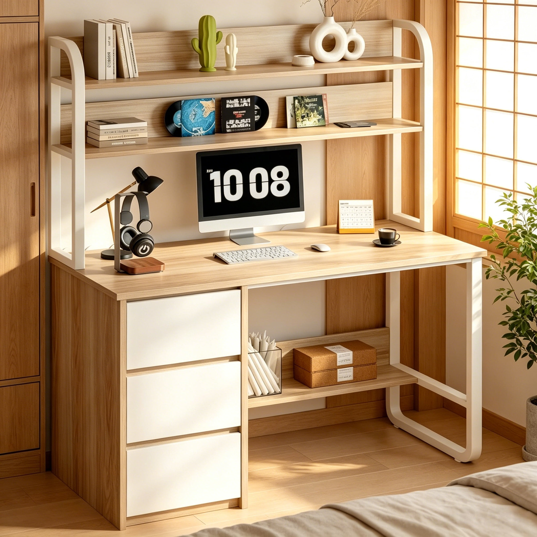 DreamCurship Computer Desk with Hutch, Home Office Desk with Drawers and Shelves, Wood Writing Study Desk, Walnut