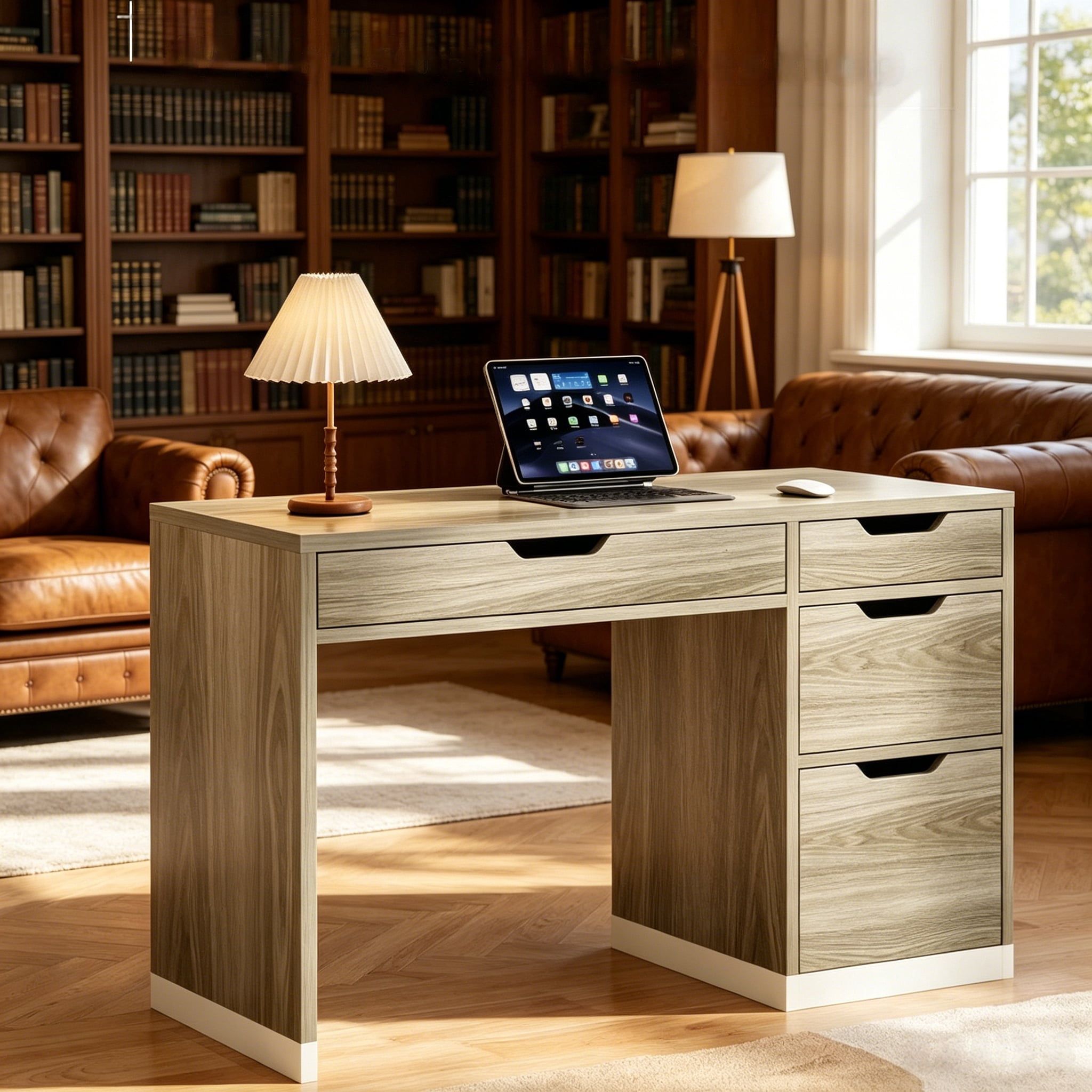 DreamCurship Desk with Drawers, Modern Computer Desk with File Drawers, Home Office Study Writing Desk with Storage, Walnut
