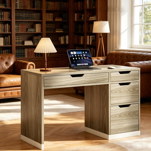 DreamCurship Desk with Drawers, Modern Computer Desk with File Drawers, Home Office Study Writing Desk with Storage, Walnut