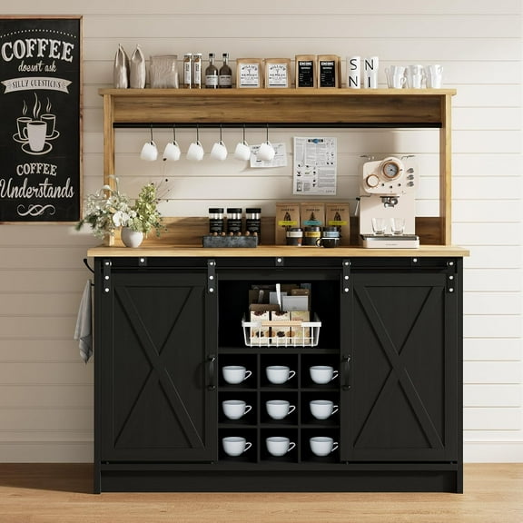 DreamCurship Farmhouse Coffee Bar Cabinet with Storage, 47" Buffet Cabinet Kitchen Storage Cabinet with Hutch, Coffee Station, Black