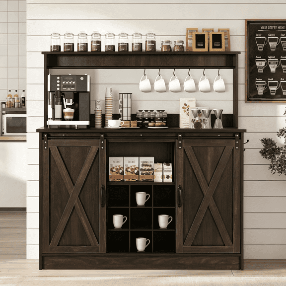 DreamCurship Farmhouse Coffee Bar Cabinet with Storage, 47" Buffet Cabinet Kitchen Storage Cabinet with Hutch, Coffee Station, Dark Oak