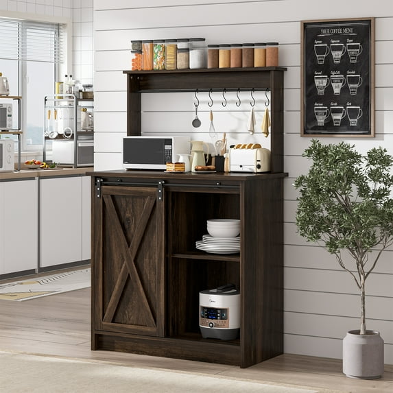 DreamCurship Farmhouse Coffee Bar Cabinet with Storage, Buffet Cabinet Kitchen Storage Cabinet with Hutch, Small Coffee Station, Dark Oak