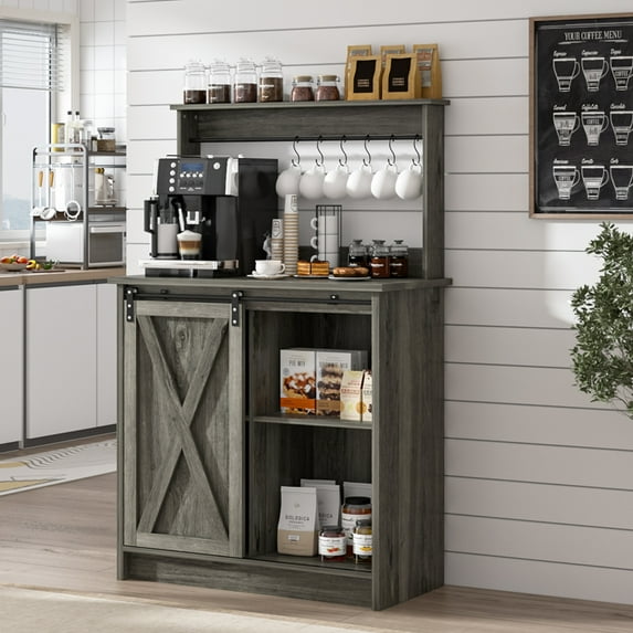 DreamCurship Farmhouse Coffee Bar Cabinet with Storage, Buffet Cabinet Kitchen Storage Cabinet with Hutch, Small Coffee Station, Gray