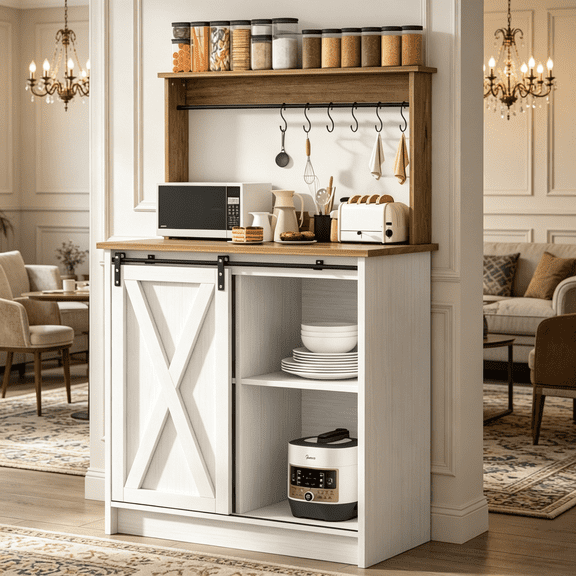 DreamCurship Farmhouse Coffee Bar Cabinet with Storage, Buffet Cabinet Kitchen Storage Cabinet with Hutch, Small Coffee Station, White