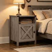 Catrimown Farmhouse Nightstand, Side Table, End Table with Barn Door and Shelf, Rustic Modern Bed Night Stand for Bedroom, Living Room, Grey Wash