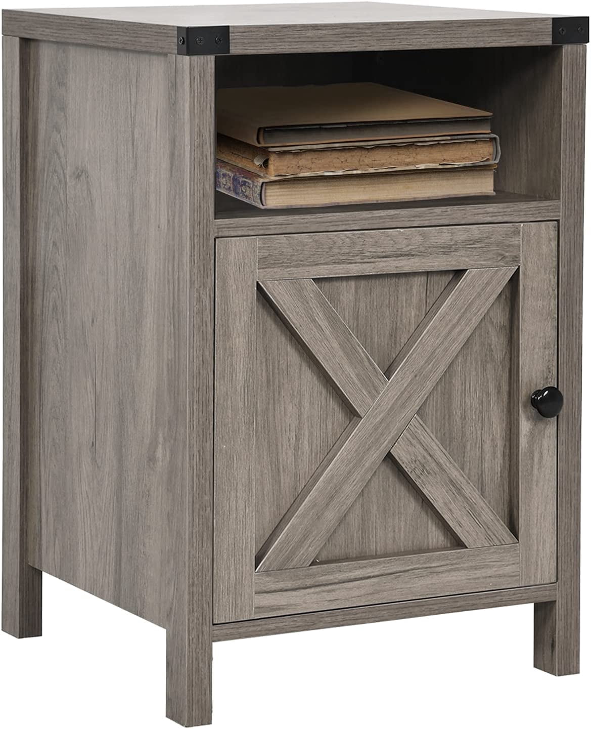 Catrimown Farmhouse Nightstand, Side Table, End Table with Barn Door and Shelf, Rustic Modern Bed Night Stand for Bedroom, Living Room, Grey Wash