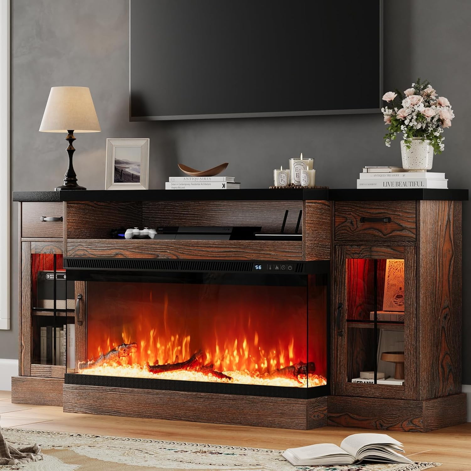 DreamCurship Fireplace TV Stand for TVs up to 80", Farmhouse TV Stand with Electric Fireplace, Glass Door Entertainment Center with Led Light, Media Console Table for Living Room, Black Brown