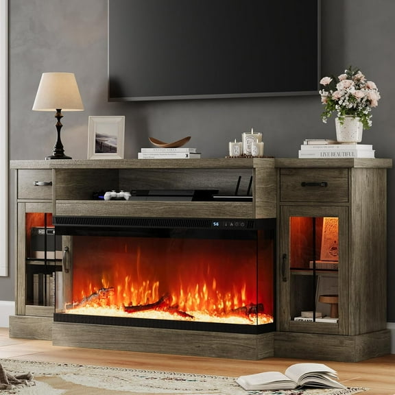 DreamCurship Fireplace TV Stand for TVs up to 80", Farmhouse TV Stand with Electric Fireplace, Glass Door Entertainment Center with Led Light, Media Console Table for Living Room, Gray