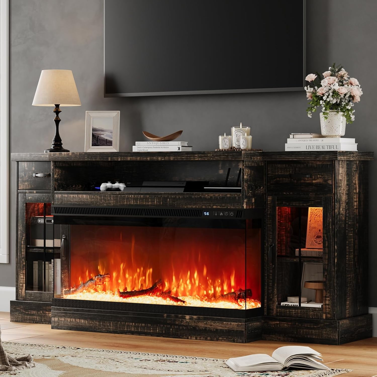 DreamCurship Fireplace TV Stand for TVs up to 80", Farmhouse TV Stand with Electric Fireplace, Glass Door Entertainment Center with Led Light, Media Console Table for Living Room, Oak