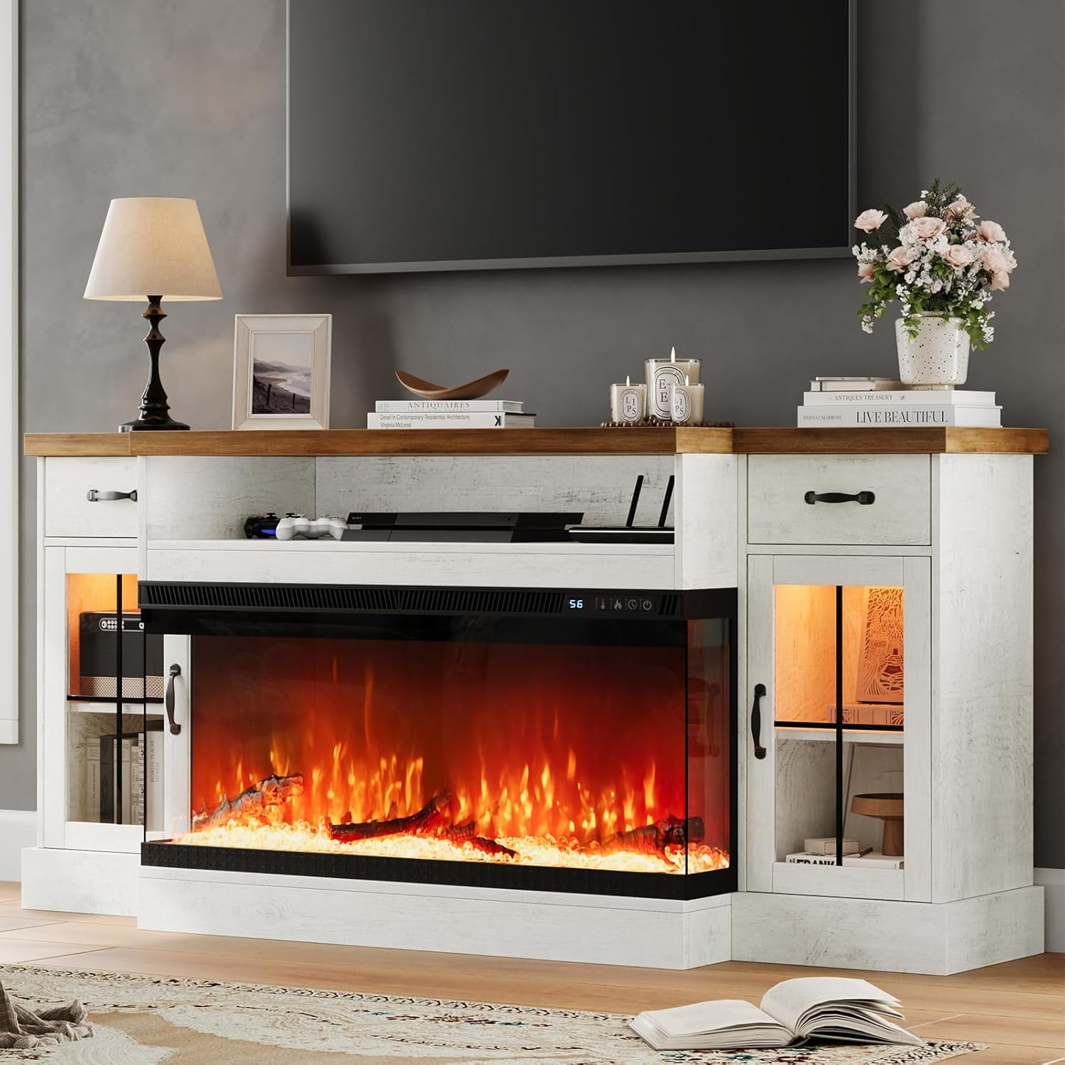 DreamCurship Fireplace TV Stand for TVs up to 80", Farmhouse TV Stand with Electric Fireplace, Glass Door Entertainment Center with Led Light, Media Console Table for Living Room, White