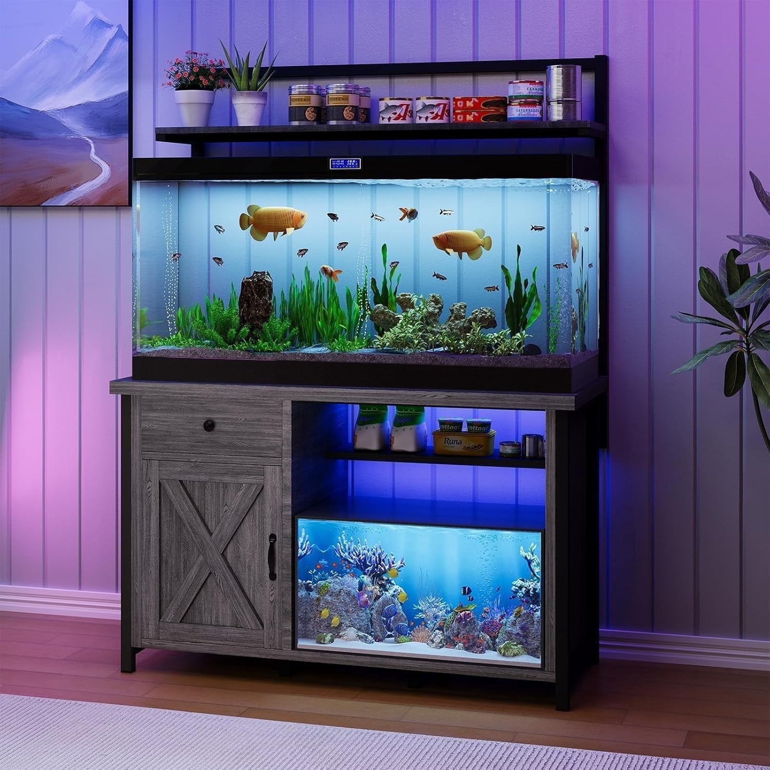 DreamCurship Fish Tank Stand with Power Outlet and Led Light, Cabinet for 55-75 Gallon Aquarium, RGB Lighting Strip Ideal for Turtle Enclosure, Supports up to 1100 Pounds, Gray