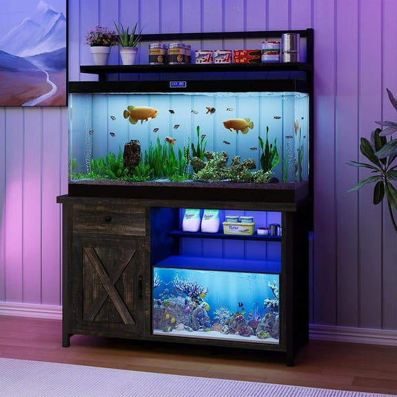 DreamCurship Fish Tank Stand with Power Outlet and Led Light, Cabinet for 55-75 Gallon Aquarium, RGB Lighting Strip Ideal for Turtle Enclosure, Supports up to 1100 Pounds, Oak