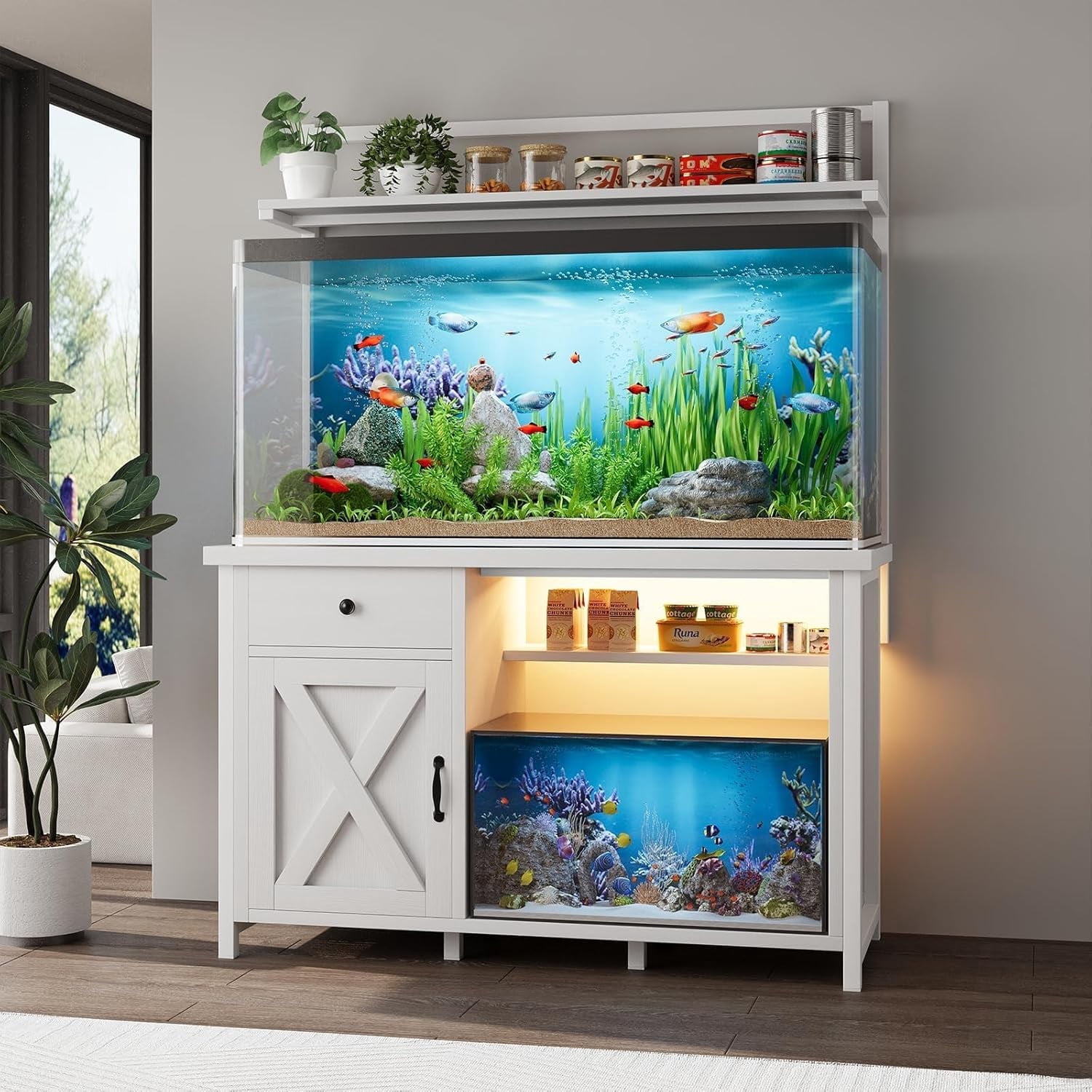 Catrimown Fish Tank Stand with Power Outlet and Led Light, Cabinet for 55-75 Gallon Aquarium, RGB Lighting Strip Ideal for Turtle Enclosure, Supports up to 1100 Pounds, White