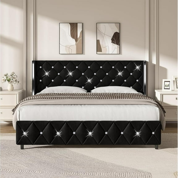 DreamCurship King Size Bed Frame, Black King Bed Frame with Headboard, Modern Velvet Upholstered Bed Frame, Black