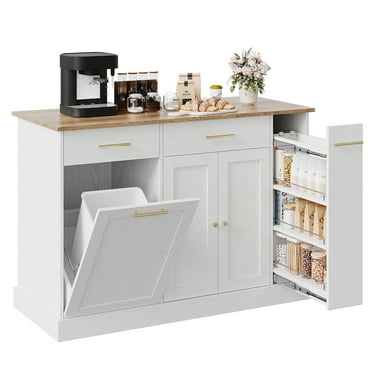 DreamCurship 52" Kitchen Island with Storage, Rolling Kitchen Cart Island with Wheels, Tilt Out Kitchen Trash Cabinet 10 Gallon Storage, 3 Large Spice Racks and 2 Drawers, White