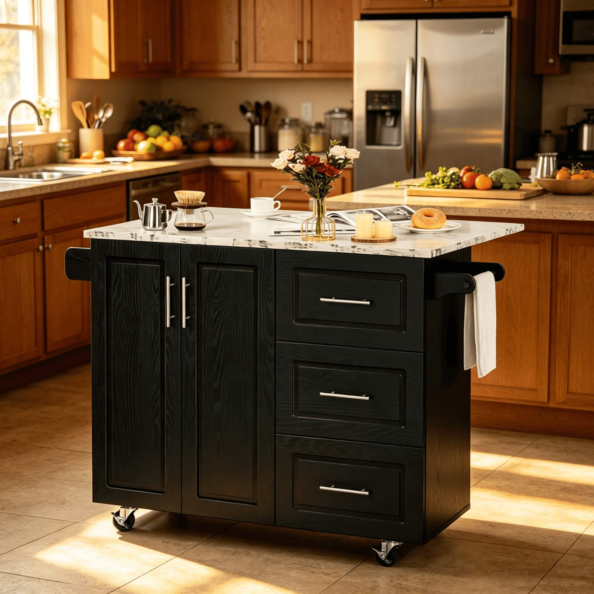 DreamCurship Kitchen Island on Wheels, Drop Leaf Kitchen Island Cart with Storage, Wood Countertop, Lockable Casters, Black