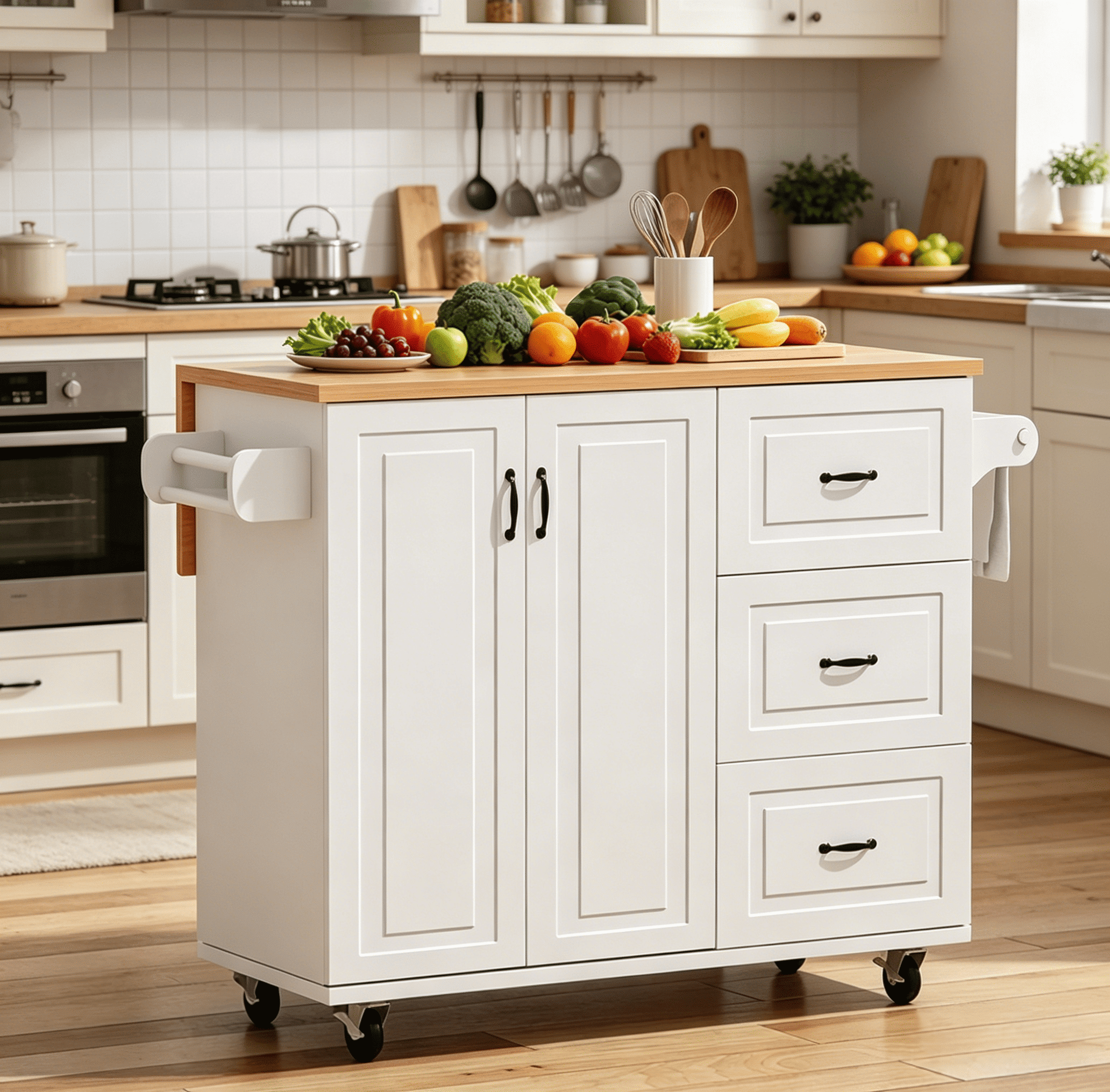 DreamCurship Kitchen Island on Wheels, Drop Leaf Kitchen Island Cart with Storage, Wood Countertop, Lockable Casters, White