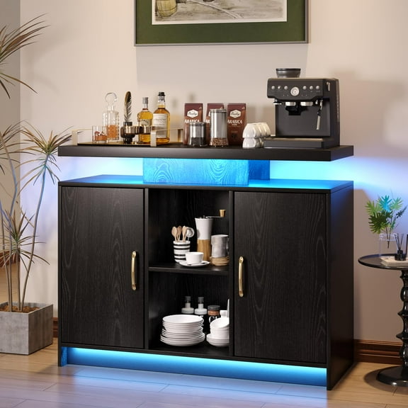 DreamCurship LED Sideboard Buffet Cabinet, Black Wine Bar Cabinet with LED Light, Coffee Bar Cabinet with Charging Station, Black