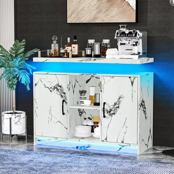 DreamCurship LED Sideboard Buffet Cabinet, White Wine Bar Cabinet with LED Light, Coffee Bar Cabinet with Charging Station, White Marble