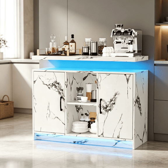DreamCurship LED Sideboard Buffet Cabinet, White Wine Bar Cabinet with LED Light, Coffee Bar Cabinet with Charging Station, White Marble