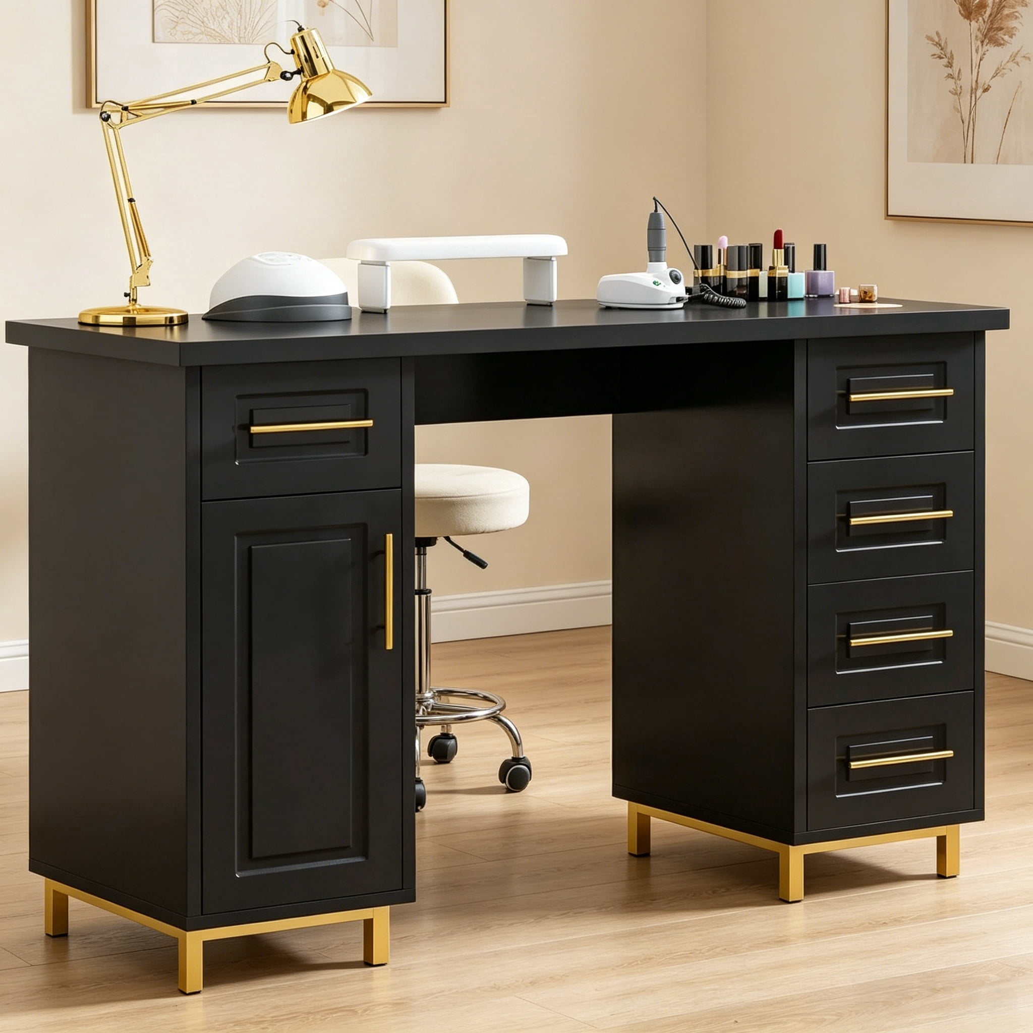 DreamCurship Manicure Table Nail Desk for Nail Tech, Nail Table with 5 Drawers and Cabinet, Beauty Salon Spa, Black