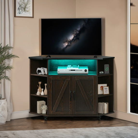 DreamCurship Modern Farmhouse Corner TV Stand for TVs Up to 55 Inch, Entertainment Center with Adjustable Shelves for Living Room, Brown