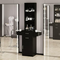 DreamCurship Salon Station, Barber Stations with 3-Tier Storage Shelf with Door, Hair Styling Storage Cabinet with 2 Drawer, 1 Large Storage Cabinet & 6 Hot Tool Holders, Black