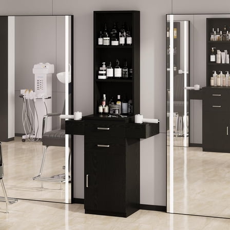 DreamCurship Salon Station, Barber Stations with 3-Tier Storage Shelf with Door, Hair Styling Storage Cabinet with 2 Drawer, 1 Large Storage Cabinet & 6 Hot Tool Holders, Black