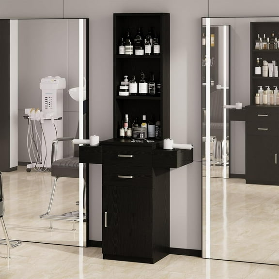 DreamCurship Salon Station, Barber Stations with 3-Tier Storage Shelf with Door, Hair Styling Storage Cabinet with 2 Drawer, 1 Large Storage Cabinet & 6 Hot Tool Holders, Black