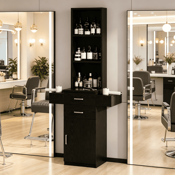 DreamCurship Salon Station, Barber Stations with 3-Tier Storage Shelf with Door, Hair Styling Storage Cabinet with 2 Drawer, 1 Large Storage Cabinet & 6 Hot Tool Holders, Black