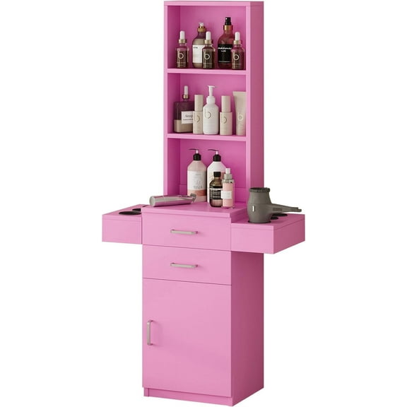 DreamCurship Salon Station, Barber Stations with 3-Tier Storage Shelf with Door, Hair Styling Storage Cabinet with 2 Drawer, 1 Large Storage Cabinet & 6 Hot Tool Holders, Pink