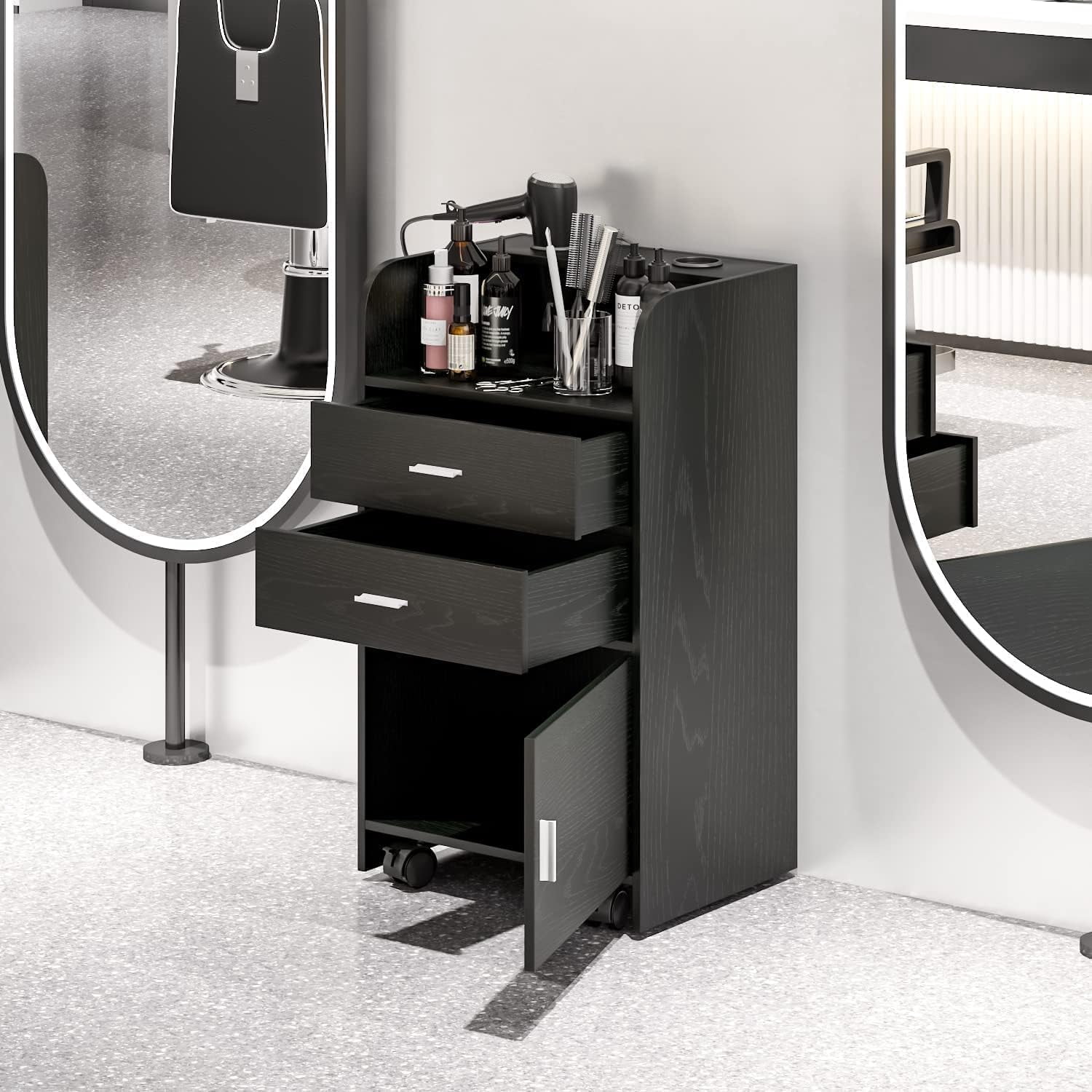 DreamCurship Salon Storage Cabinet, Hair Station with Wheels, 2 Tool Holders, 2 Drawers, 1 Cabinet, Salon Station Rolling Cart for Hair Stylist Beauty Spa Barbershop, Black