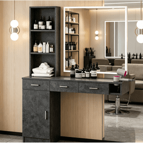 DreamCurship Wall Mount Salon Stations, Barber Station with 3 Hair Dryer Holder, Beauty Salon Spa Equipment with 2 Drawers, 1 Storage Cabinet, Black