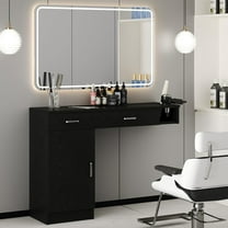 DreamCurship Wall Mount Salon Stations, Barber Station with 3 Hair Dryer Holder, Beauty Salon Spa Equipment with 2 Drawers, 1 Storage Cabinet, Black