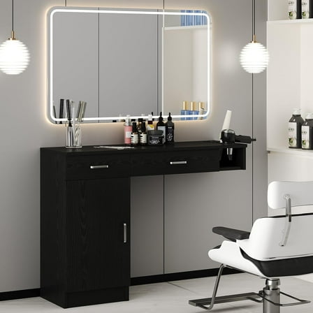 DreamCurship Wall Mount Salon Stations, Barber Station with 3 Hair Dryer Holder, Beauty Salon Spa Equipment with 2 Drawers, 1 Storage Cabinet, Black