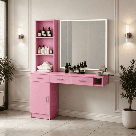 DreamCurship Wall Mount Salon Stations, Barber Station with 3 Hair Dryer Holder, Beauty Salon Spa Equipment with 2 Drawers, 1 Storage Cabinet, Pink