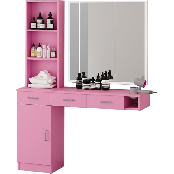 DreamCurship Wall Mount Salon Stations, Barber Station with 3 Hair Dryer Holder, Beauty Salon Spa Equipment with 2 Drawers, 1 Storage Cabinet, Pink