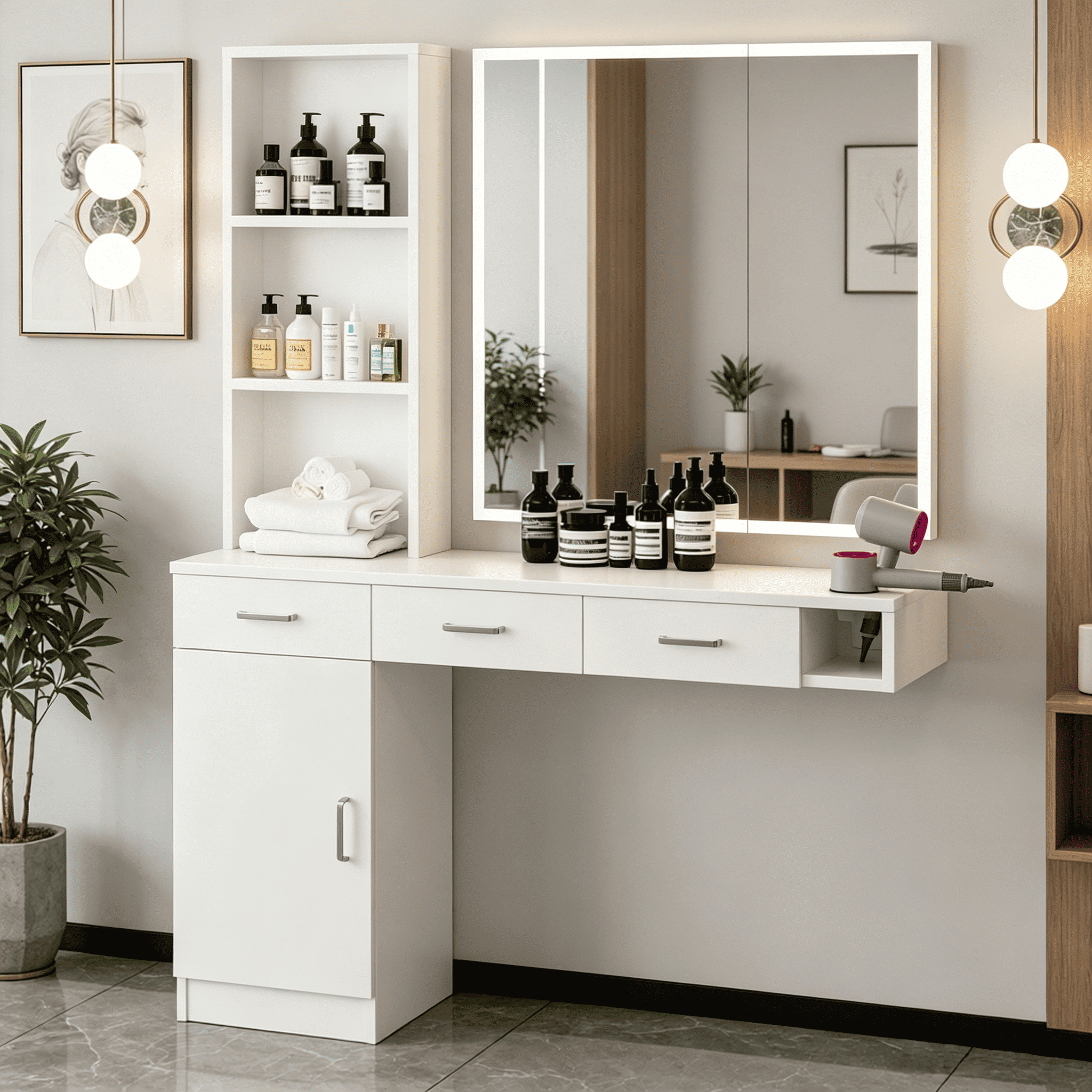 PLOSION de Salon HANDY パールホワイト DreamCurship Wall Mount Salon Stations, Barber Station with 3 Hair