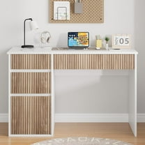 DreamCurship White Desk with 4 Drawers, 48 inch Computer Desk with Storage, Home Office Desks with Hidden Handle, White and Walnut