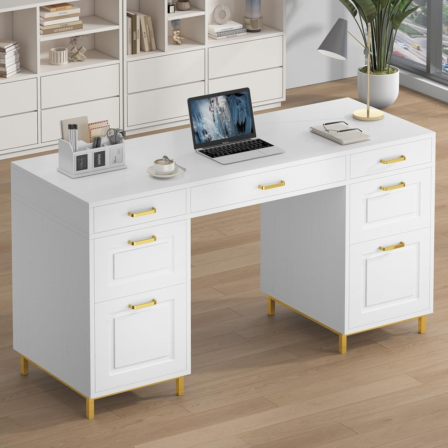 DreamCurship White Desk with 7 Drawers, White and Gold Desk with