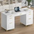 thumbnail image 1 of DreamCurship White Desk with 7 Drawers, White and Gold Desk with Storage,  57" Executive Desk with File Drawers, White, 1 of 7