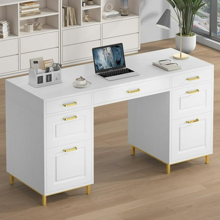 DreamCurship White Desk with 7 Drawers, White and Gold Desk with Storage,  57" Executive Desk with File Drawers, White