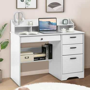 DreamCurship White Desk with Drawers, Computer Desk with File Drawer, Home Office Desk with Shelf & Hutch, Study Writing Desk for Home Office, White