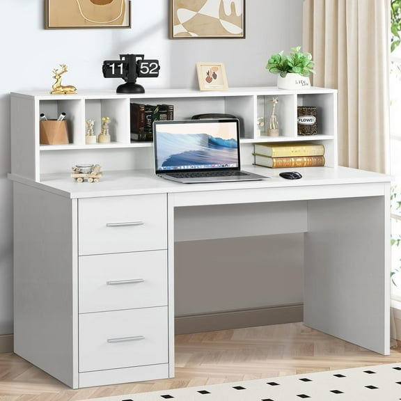 DreamCurship White Desk with Drawers, Home Office Desk with Hutch Shelf, Wood Study Writhing Desk for Kids, White