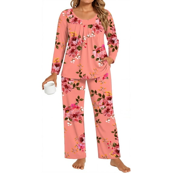 DreamFish Women's Plus Size Pajama Sets Loungewear Soft Sleepwear 2 Piece Long Sleeves Pjs Top and Long Pants with Pockets