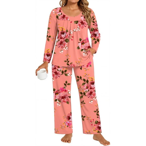 DreamFish Women's Plus Size Pajama Sets Loungewear Soft Sleepwear 2 Piece Long Sleeves Pjs Top and Long Pants with Pockets