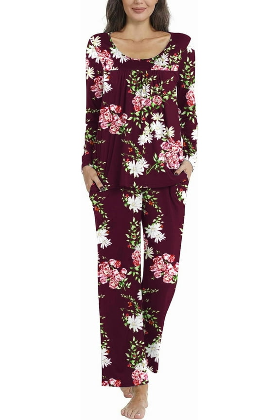 Fall-Winter Womens 2 Piece Long Sleeves Pajama Sets with Comfy Long Pants Ladies Lounge Sleepwear with Pockets